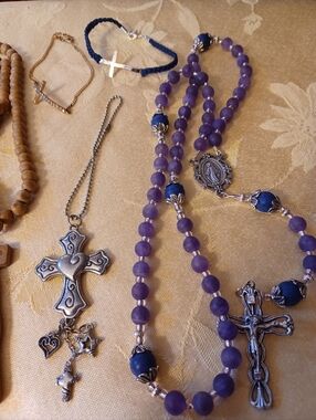 Purple Beaded Rosary Necklace with Silver Cross